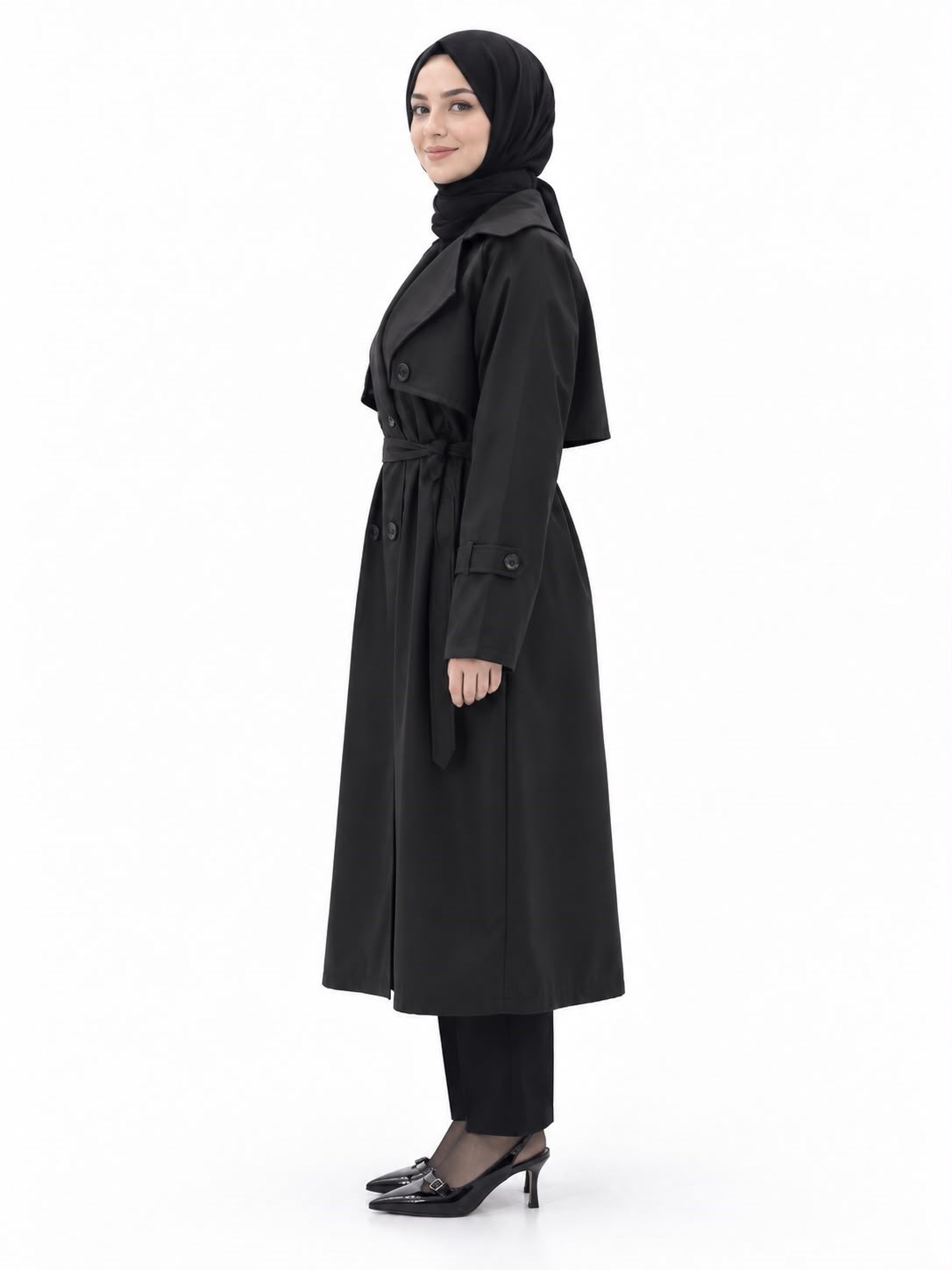 Kadın Siyah Önü Düğmeli Kuşaklı Bolero Trençkot
