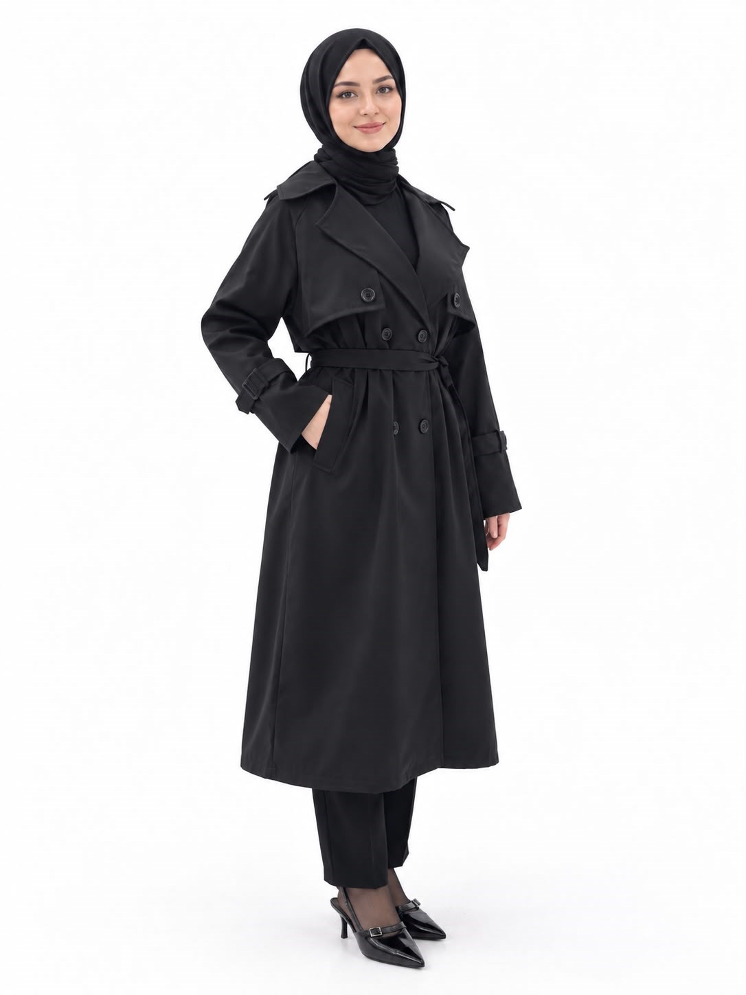 Kadın Siyah Önü Düğmeli Kuşaklı Bolero Trençkot