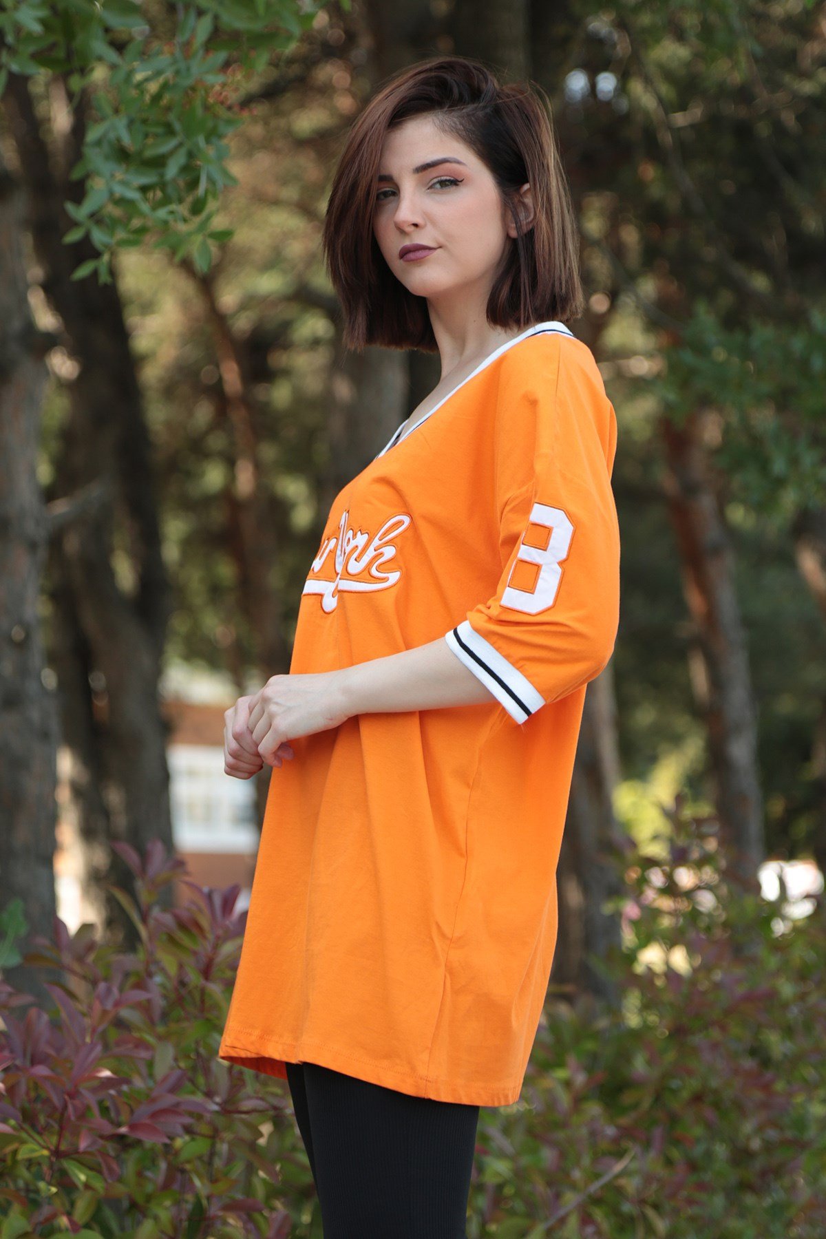 Kadın Turuncu Baskılı Oversize Tshirt