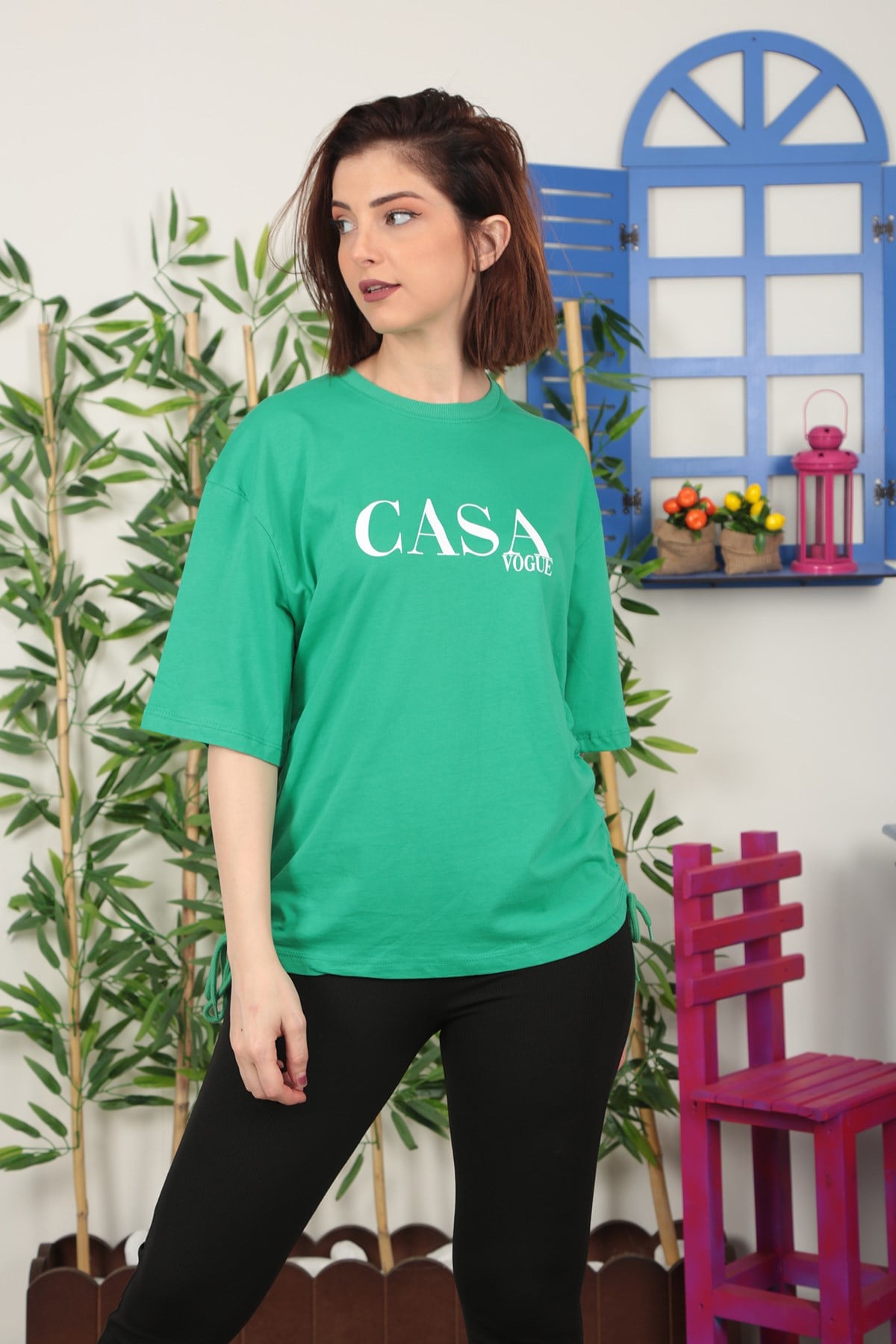 Kadın Yeşil Baskılı Büzgülü Tshirt