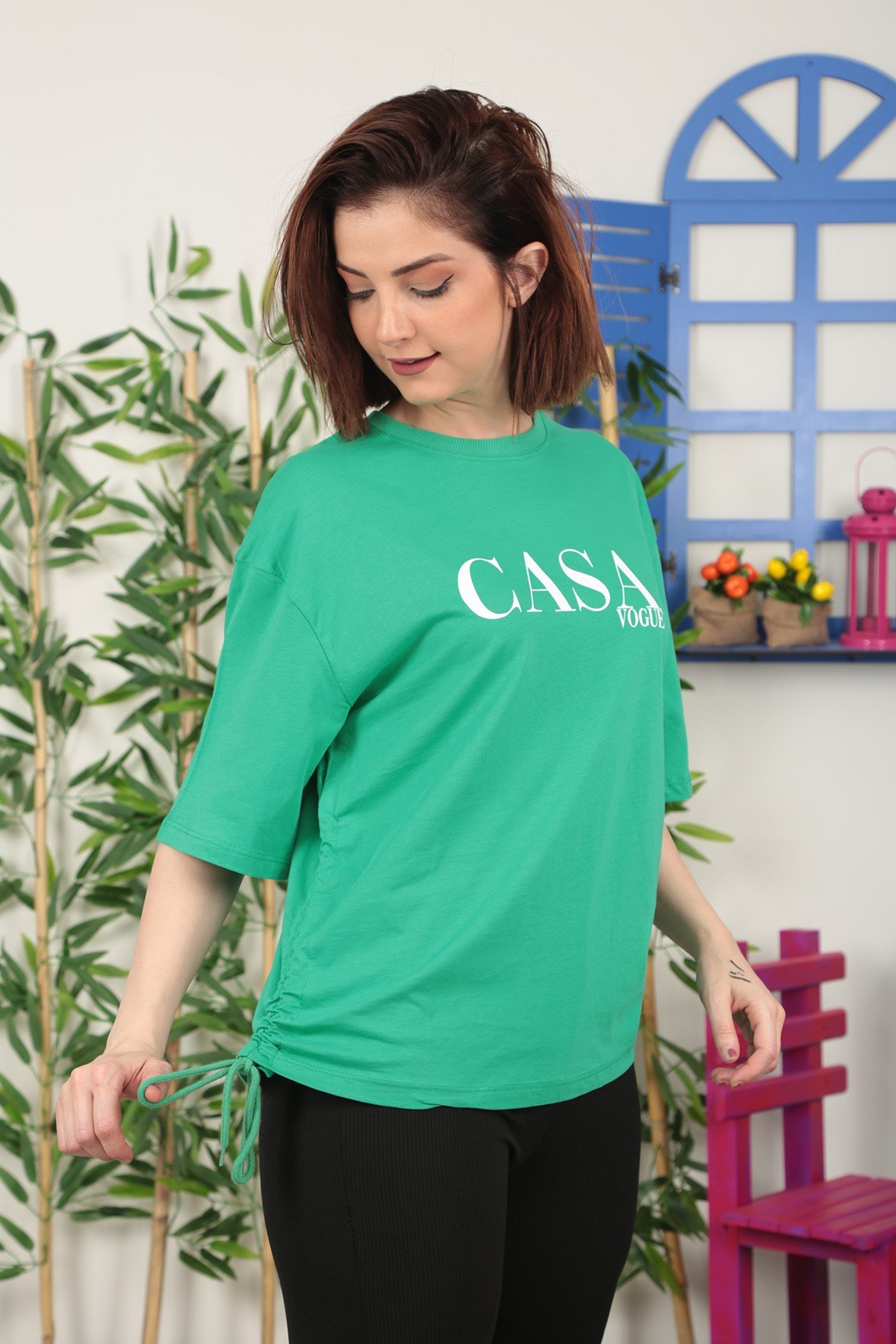 Kadın Yeşil Baskılı Büzgülü Tshirt