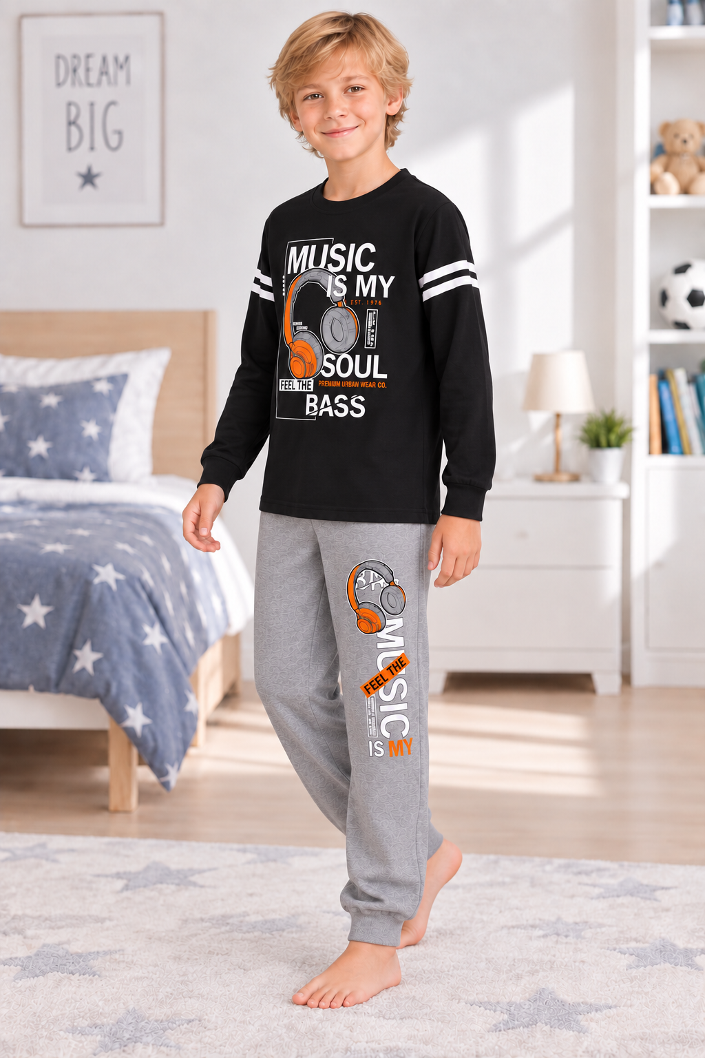 Erkek Çocuk Gez Garson Müzik Temalı Uzun Kollu Pamuk İnterlok Pijama Takımı 5305