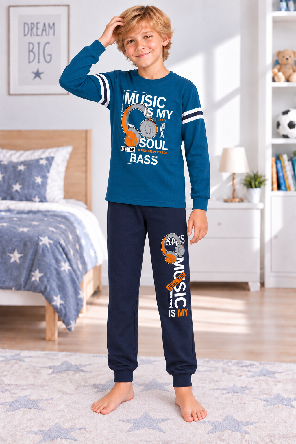 Erkek Çocuk Gez Garson Müzik Temalı Uzun Kollu Pamuk İnterlok Pijama Takımı 5305