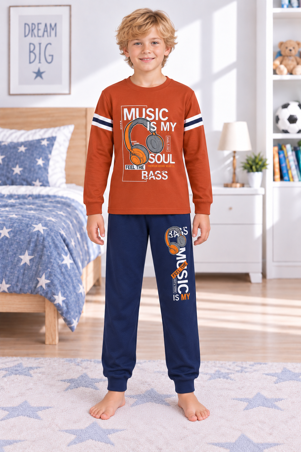 Erkek Çocuk Gez Garson Müzik Temalı Uzun Kollu Pamuk İnterlok Pijama Takımı 5305