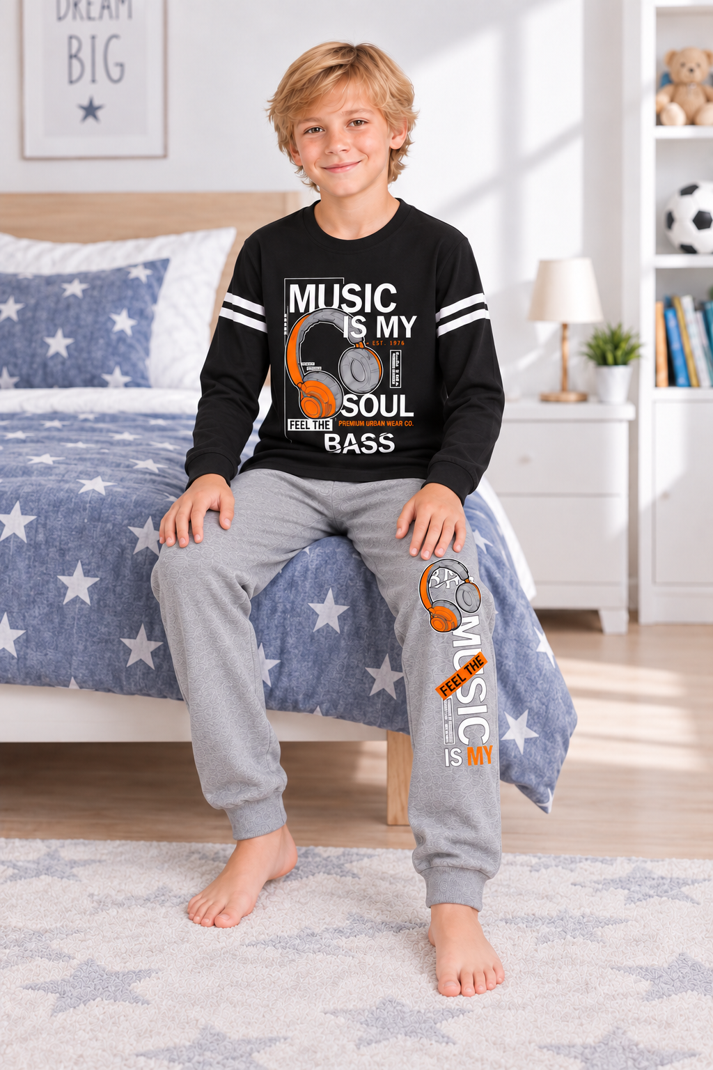 Erkek Çocuk Gez Garson Müzik Temalı Uzun Kollu Pamuk İnterlok Pijama Takımı 5305