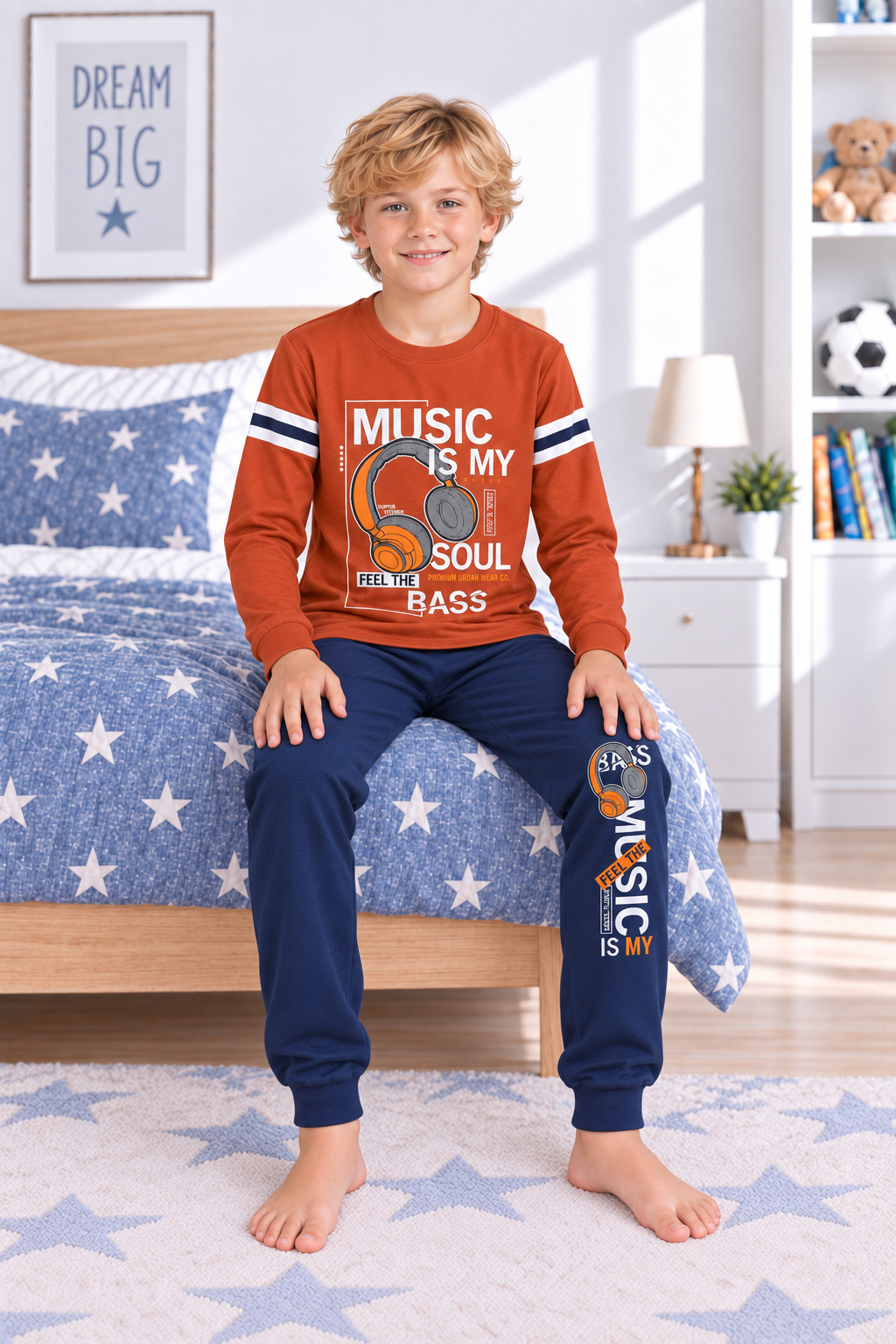 Erkek Çocuk Gez Garson Müzik Temalı Uzun Kollu Pamuk İnterlok Pijama Takımı 5305