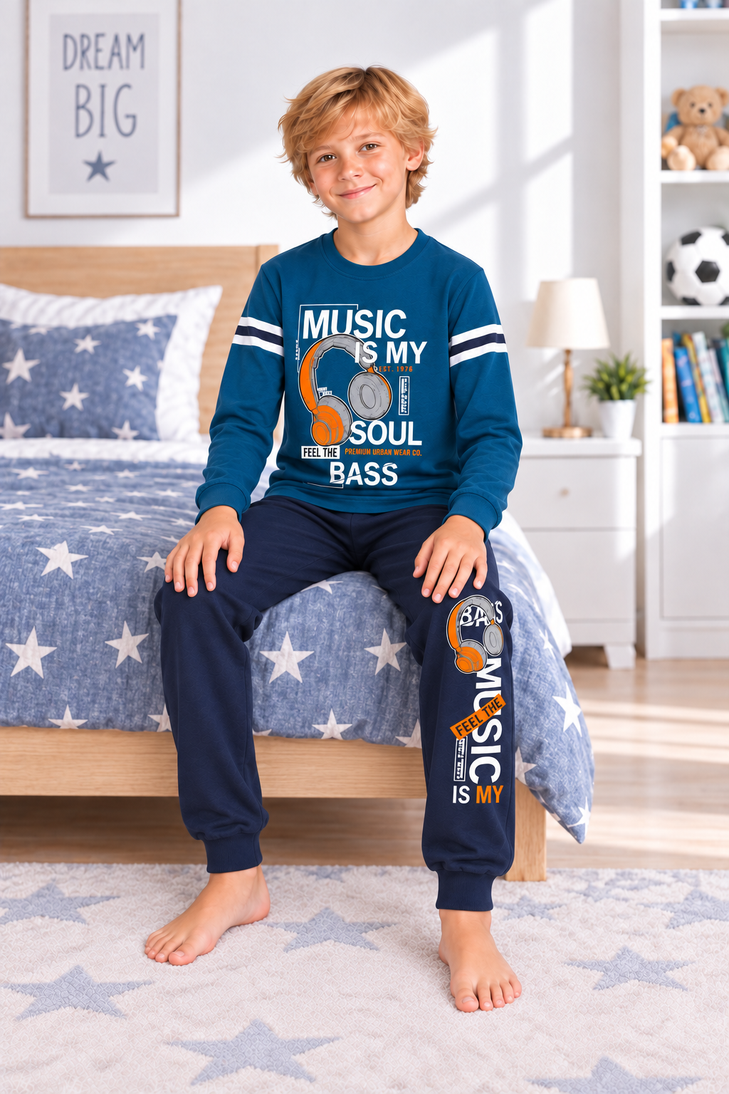 Erkek Çocuk Gez Garson Müzik Temalı Uzun Kollu Pamuk İnterlok Pijama Takımı 5305