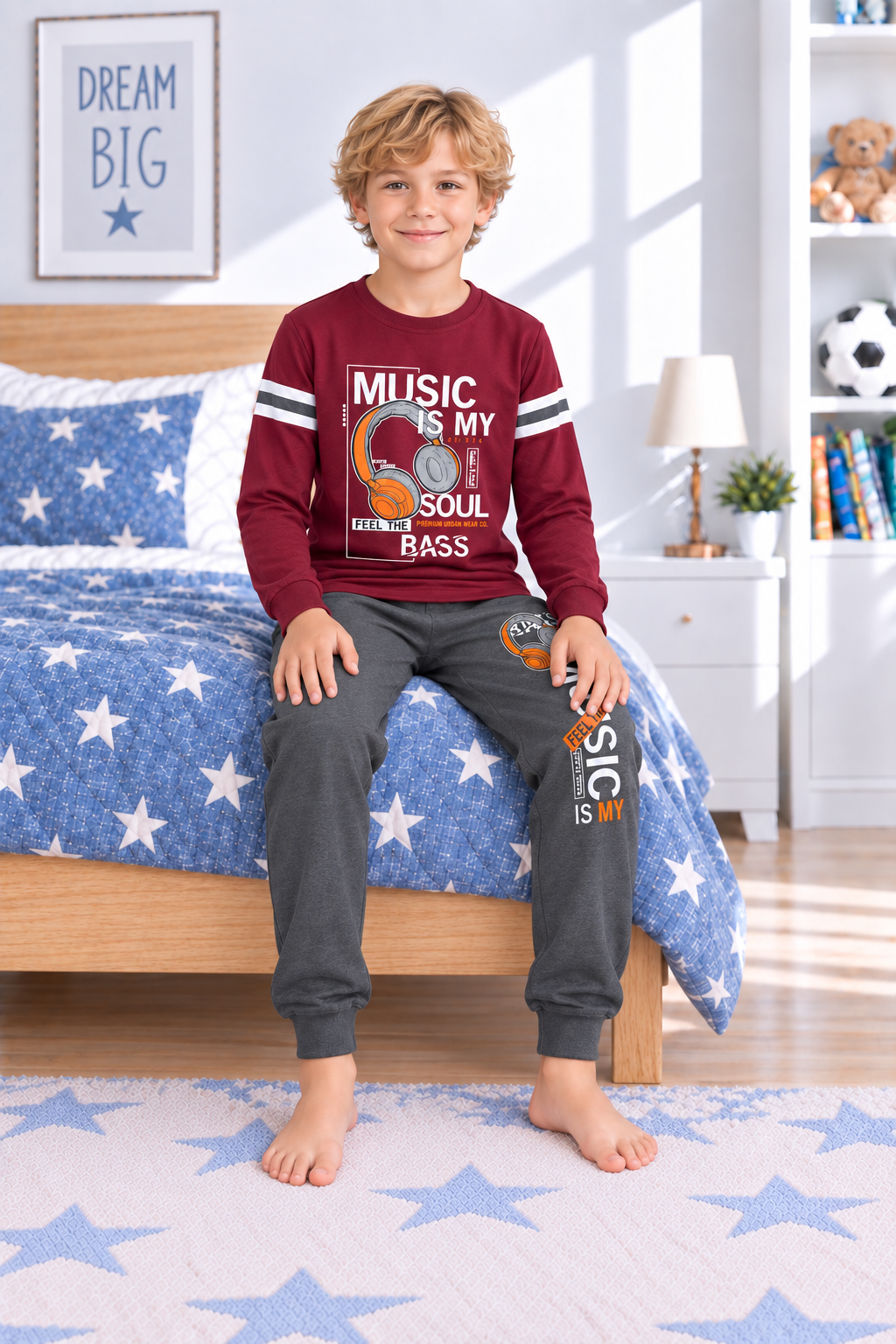 Erkek Çocuk Gez Garson Müzik Temalı Uzun Kollu Pamuk İnterlok Pijama Takımı 5305