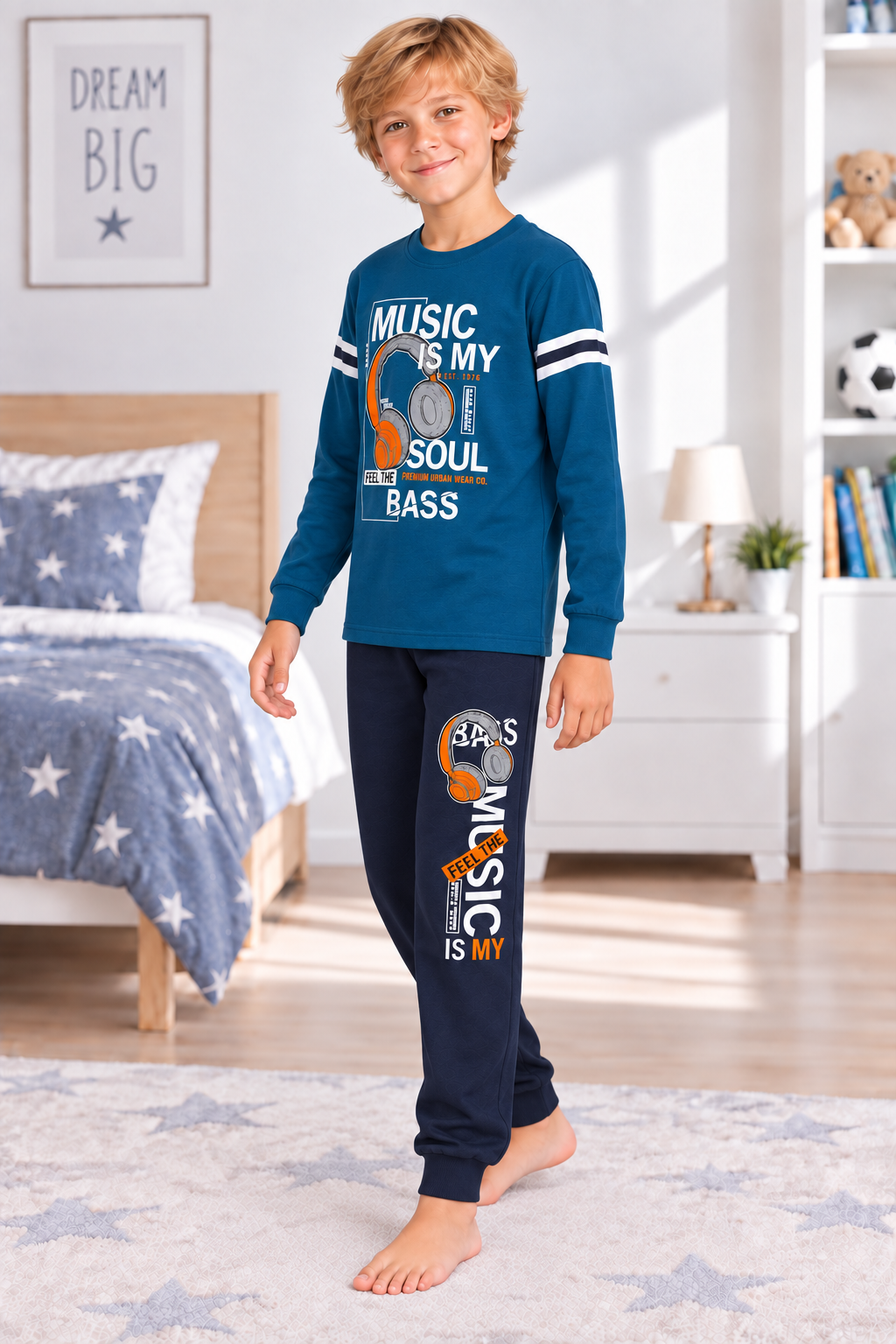 Erkek Çocuk Gez Garson Müzik Temalı Uzun Kollu Pamuk İnterlok Pijama Takımı 5305