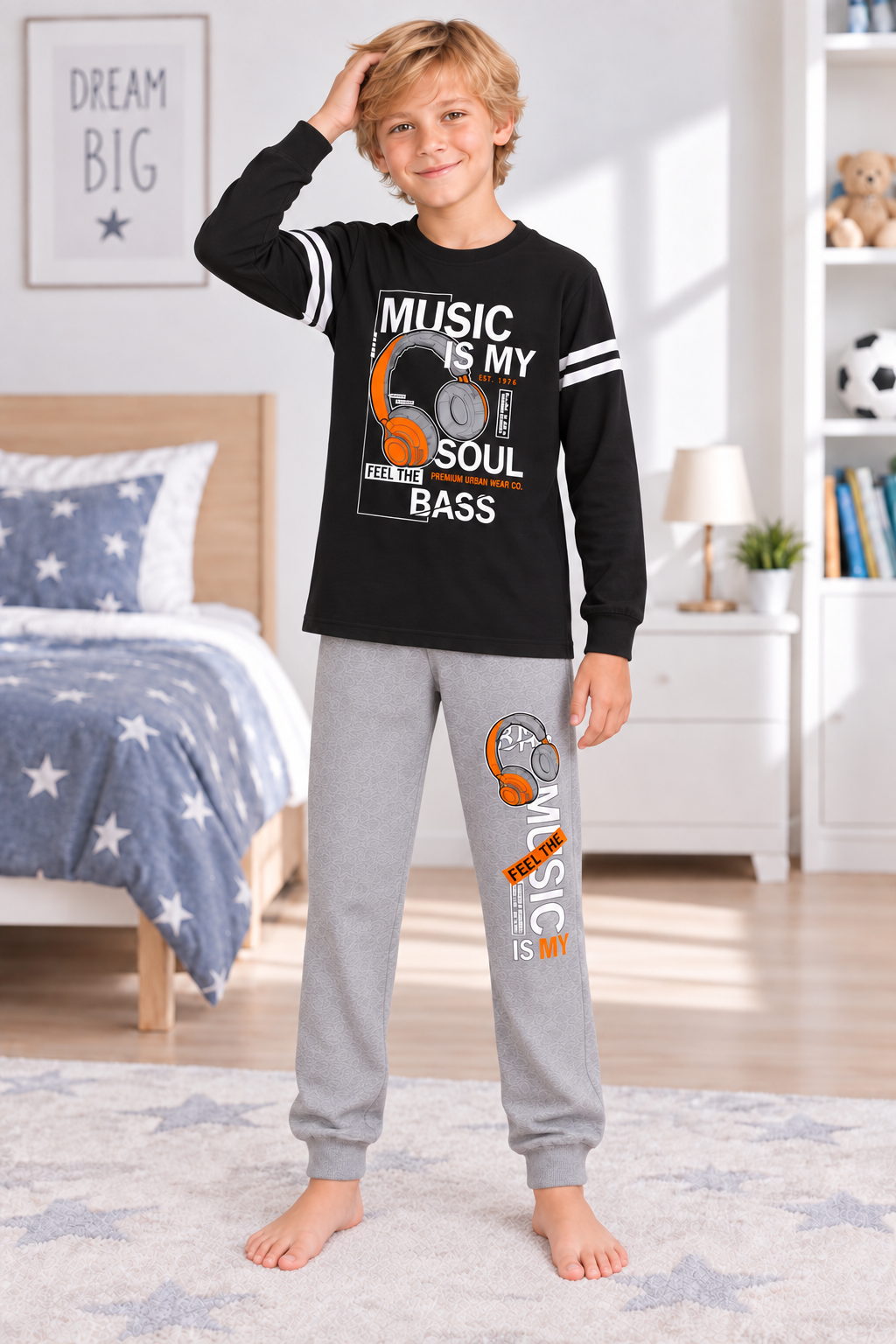 Erkek Çocuk Gez Garson Müzik Temalı Uzun Kollu Pamuk İnterlok Pijama Takımı 5305