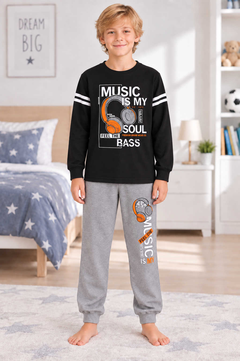 Erkek Çocuk Gez Garson Müzik Temalı Uzun Kollu Pamuk İnterlok Pijama Takımı 5305
