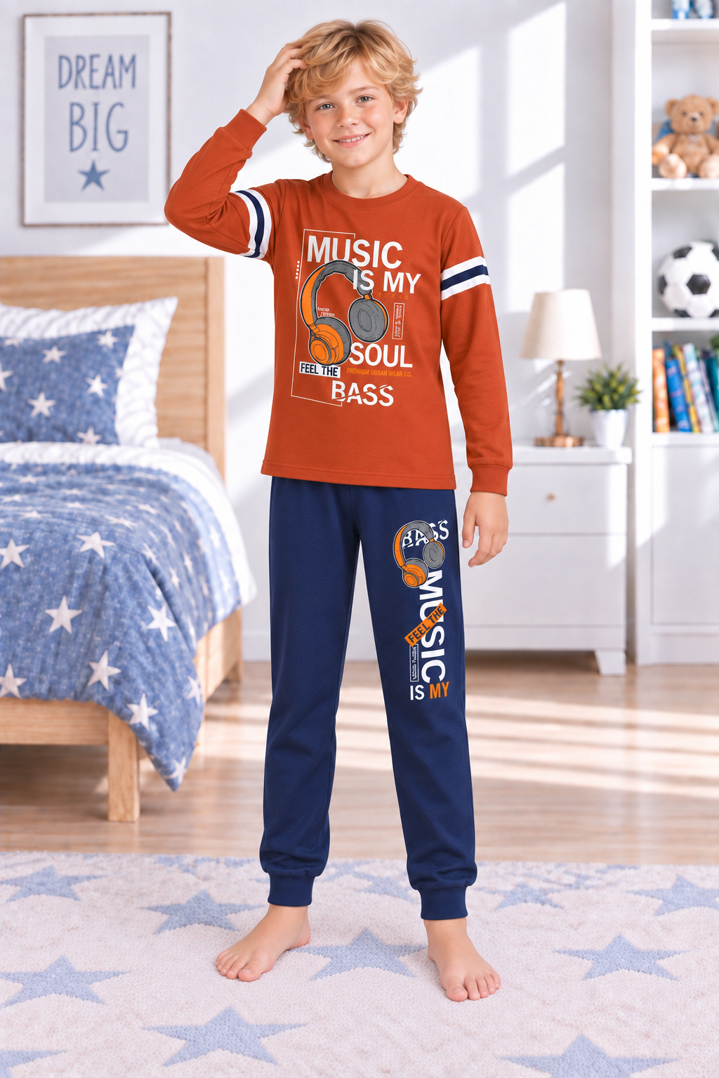 Erkek Çocuk Gez Garson Müzik Temalı Uzun Kollu Pamuk İnterlok Pijama Takımı 5305