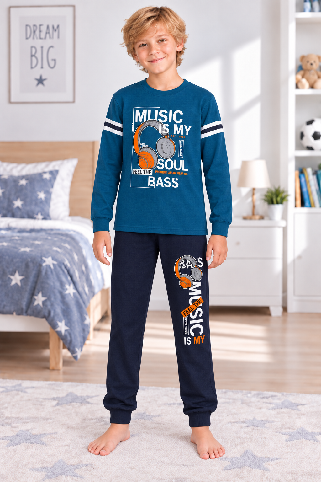Erkek Çocuk Gez Garson Müzik Temalı Uzun Kollu Pamuk İnterlok Pijama Takımı 5305
