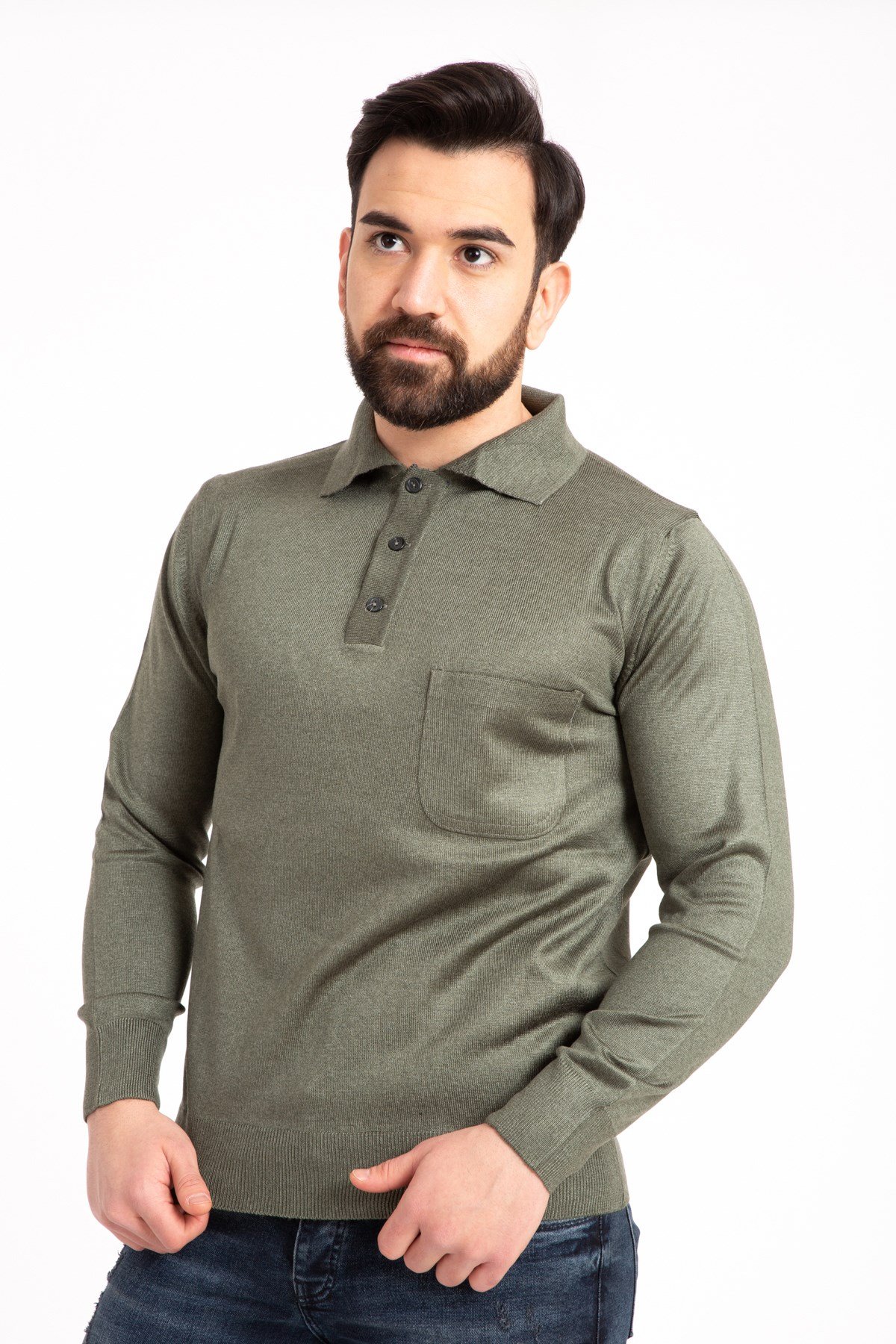 Erkek İnce Yün Triko Örgü Regular Kalıp Polo Yaka Baba Kazak Bluz 5015