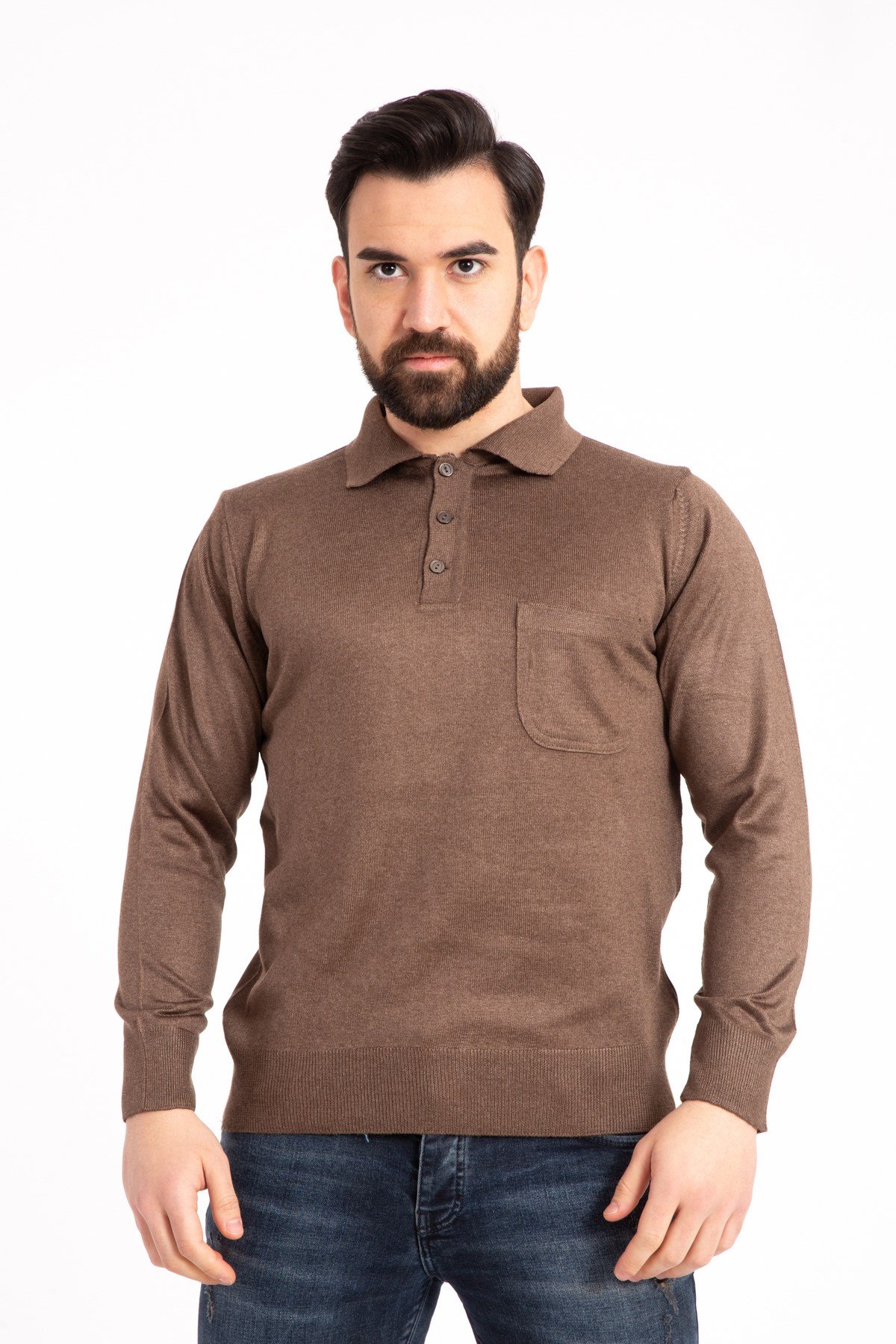 Erkek İnce Yün Triko Örgü Regular Kalıp Polo Yaka Baba Kazak Bluz 5015