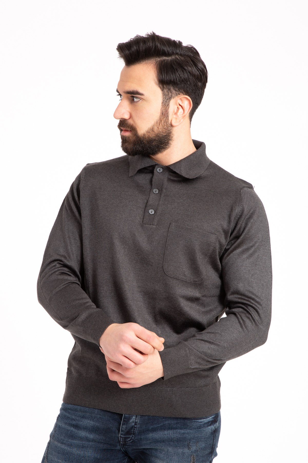 Erkek İnce Yün Triko Örgü Regular Kalıp Polo Yaka Baba Kazak Bluz 5015