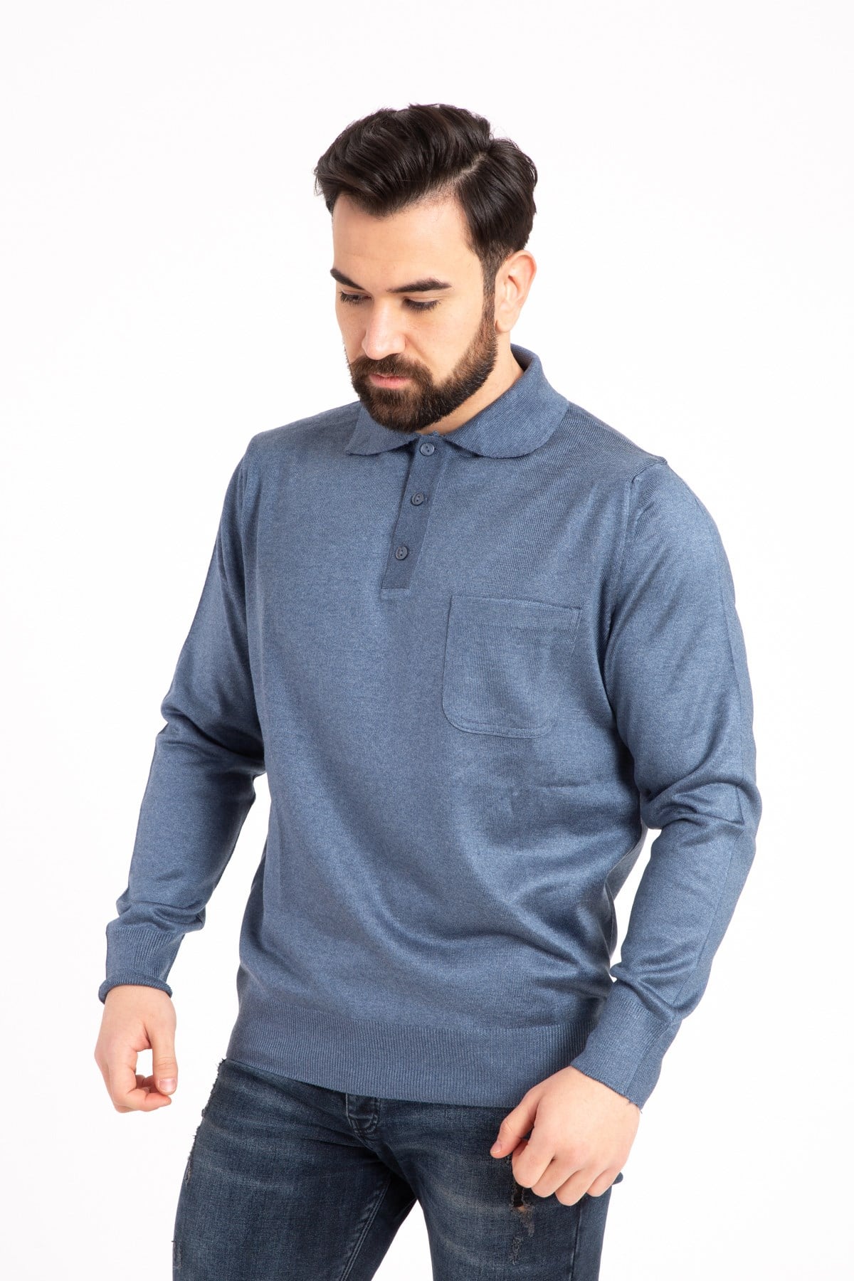 Erkek İnce Yün Triko Örgü Regular Kalıp Polo Yaka Baba Kazak Bluz 5015