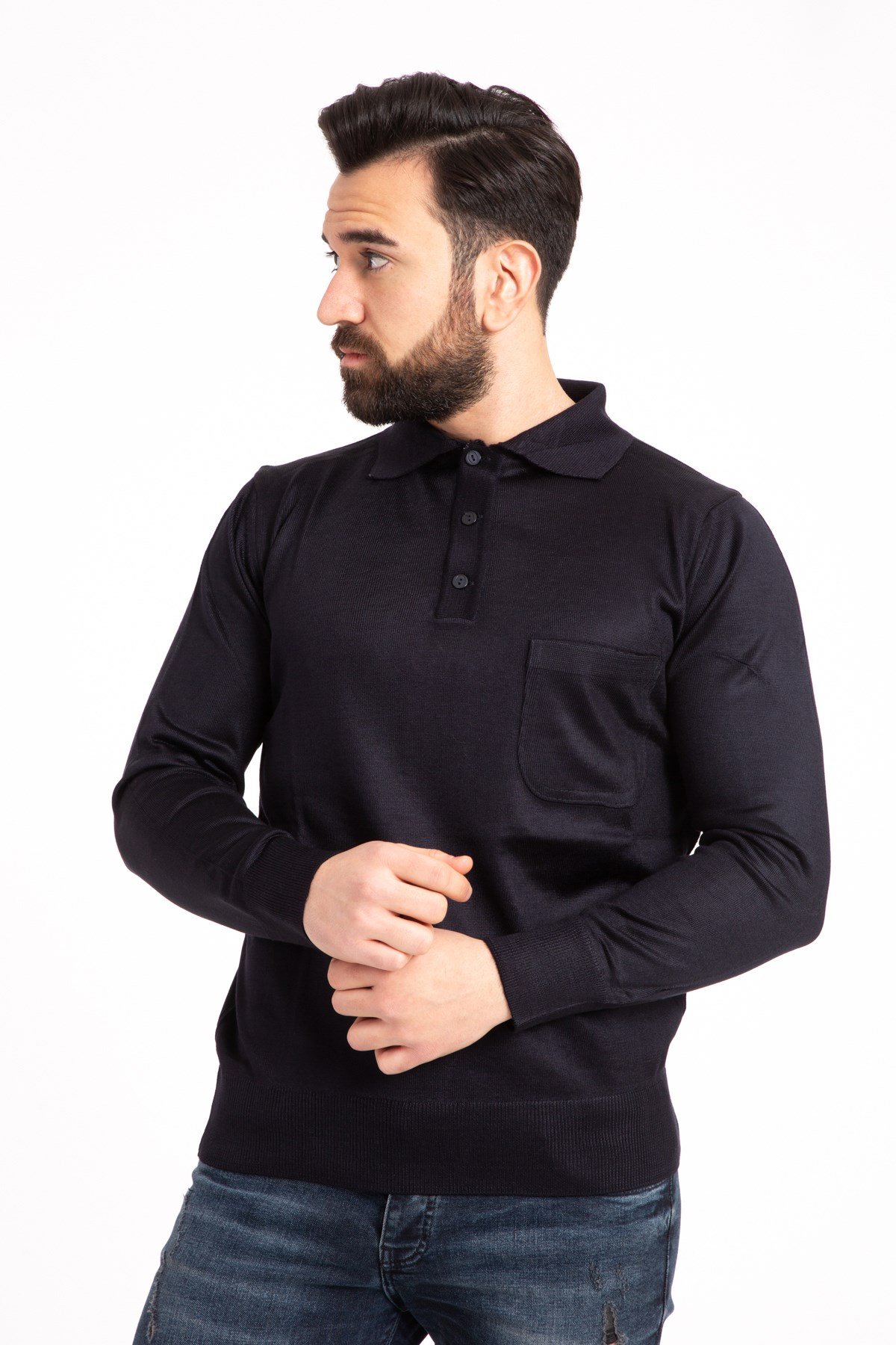 Erkek İnce Yün Triko Örgü Regular Kalıp Polo Yaka Baba Kazak Bluz 5015