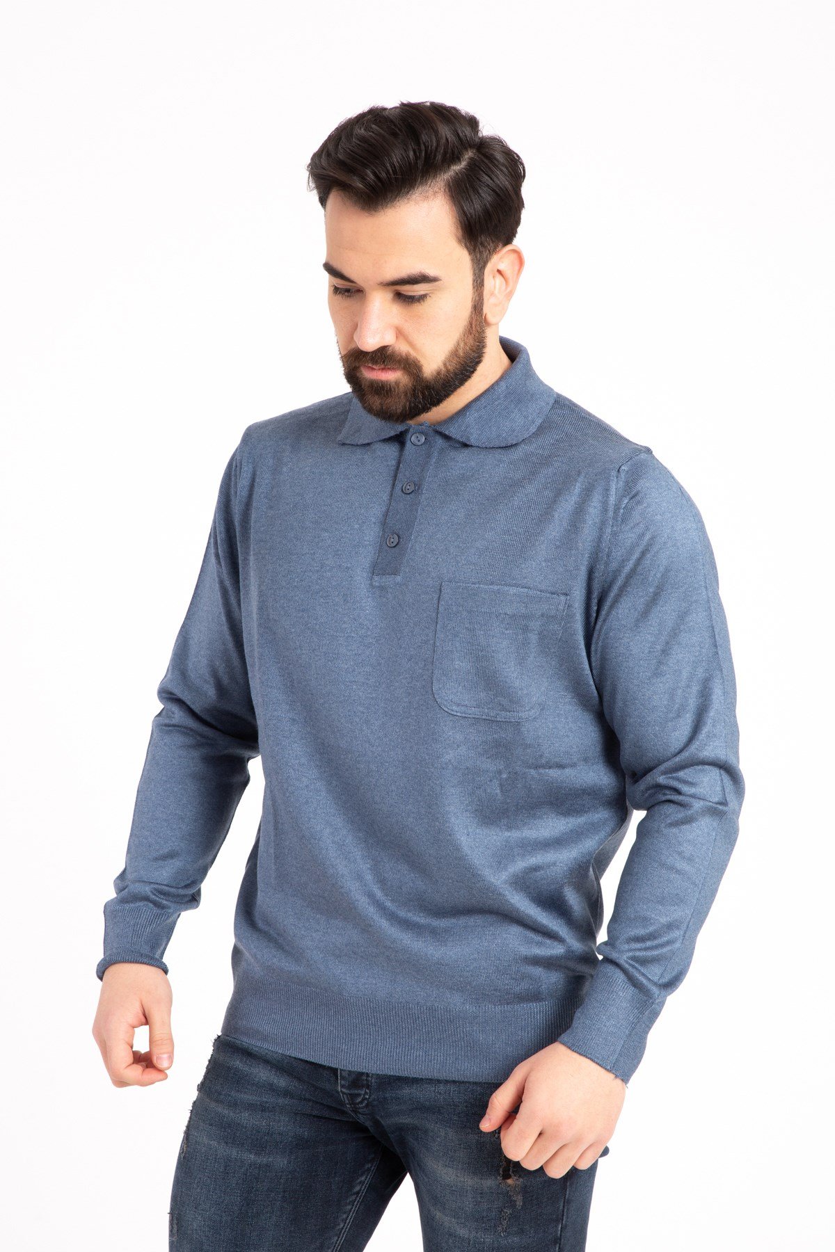Erkek İnce Yün Triko Örgü Regular Kalıp Polo Yaka Baba Kazak Bluz 5015