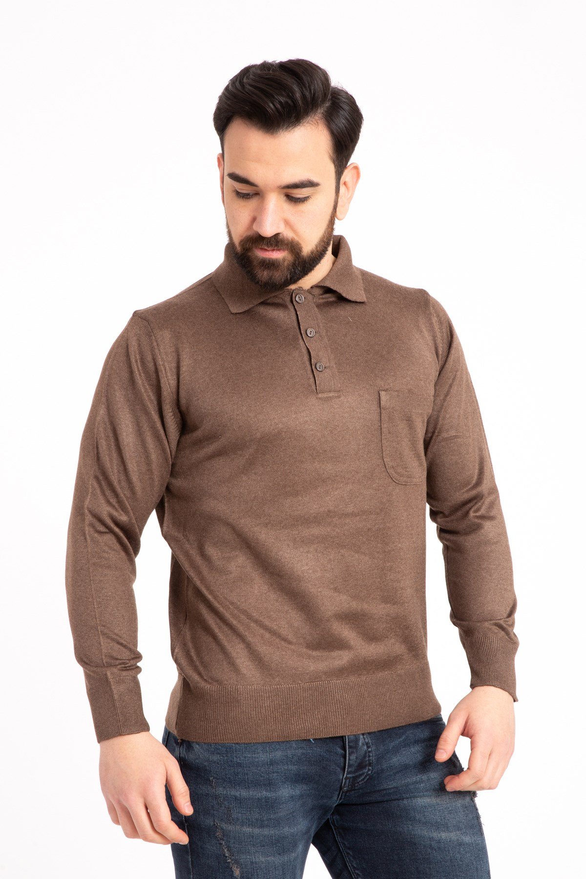 Erkek İnce Yün Triko Örgü Regular Kalıp Polo Yaka Baba Kazak Bluz 5015