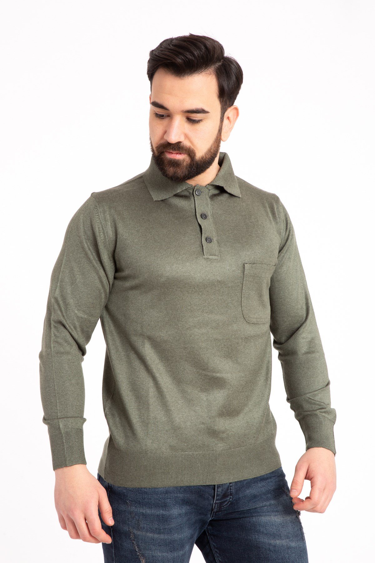 Erkek İnce Yün Triko Örgü Regular Kalıp Polo Yaka Baba Kazak Bluz 5015