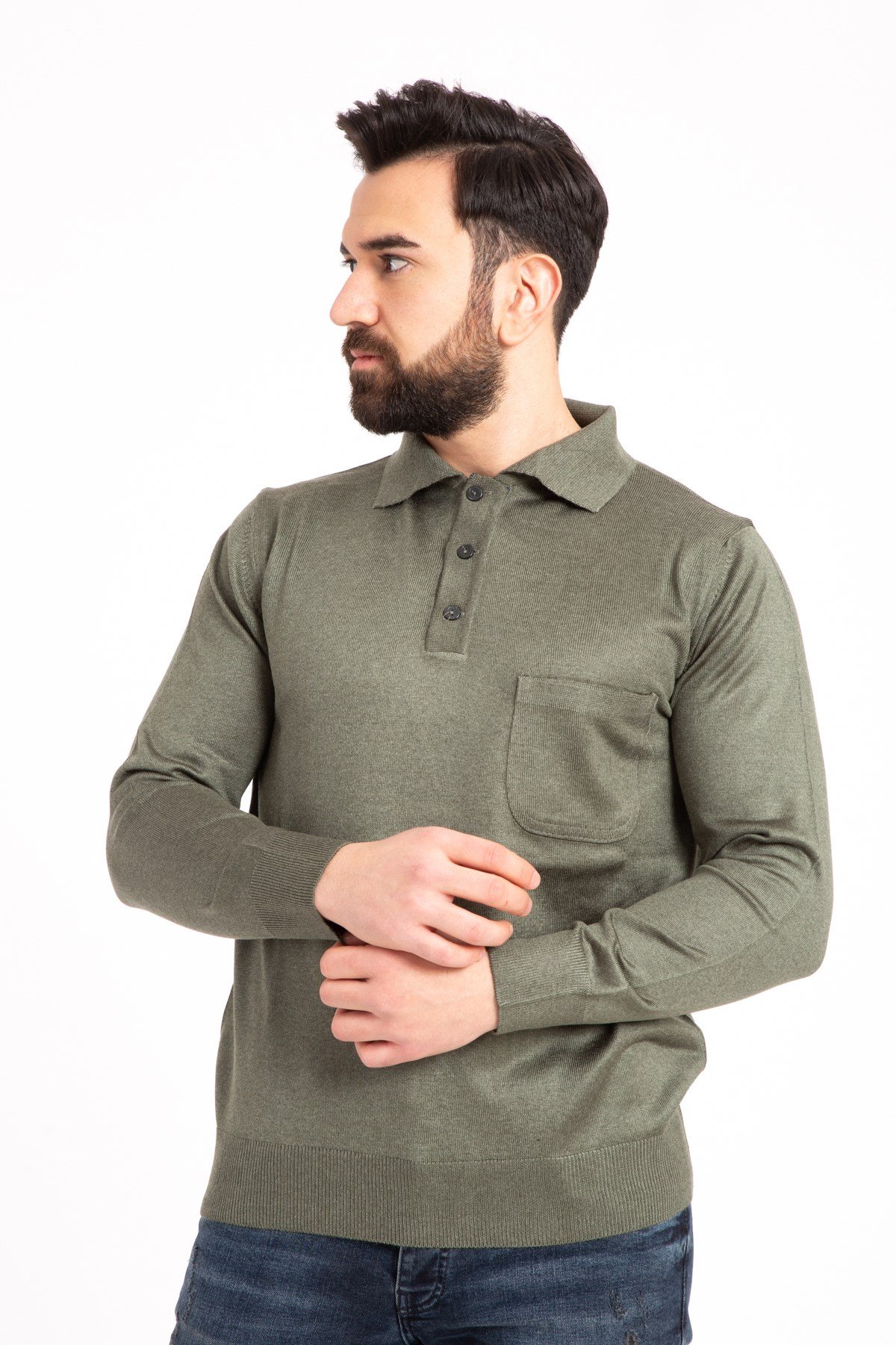 Erkek İnce Yün Triko Örgü Regular Kalıp Polo Yaka Baba Kazak Bluz 5015