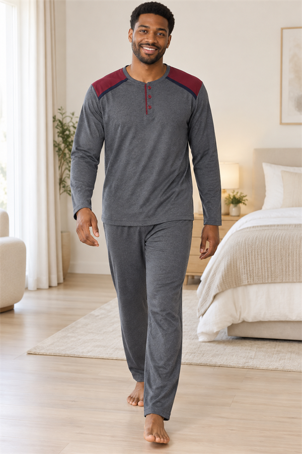 Erkek İnterlok Rahat Kalıp Ekoseli Yuvarlak Yaka Pamuk Pijama Takımı 6854