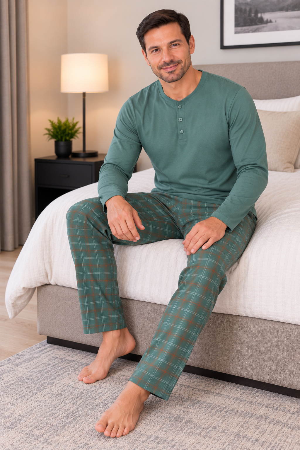 Erkek İnterlok Rahat Kalıp Ekoseli Yuvarlak Yaka Pamuk Pijama Takımı 6860