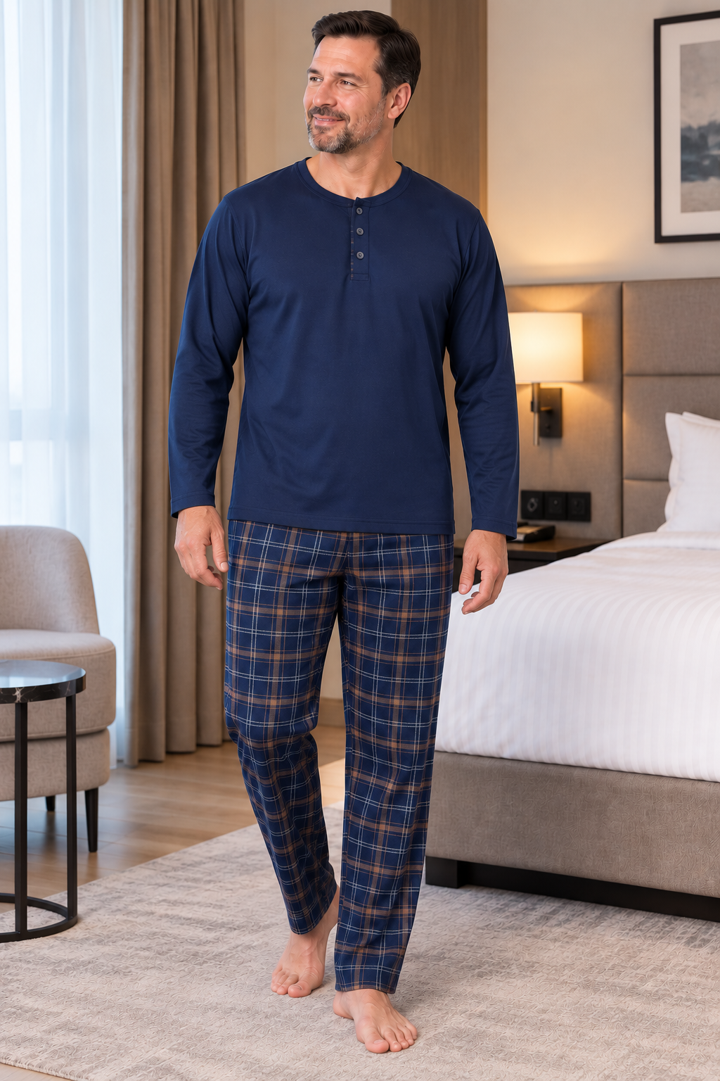 Erkek İnterlok Rahat Kalıp Ekoseli Yuvarlak Yaka Pamuk Pijama Takımı 6860
