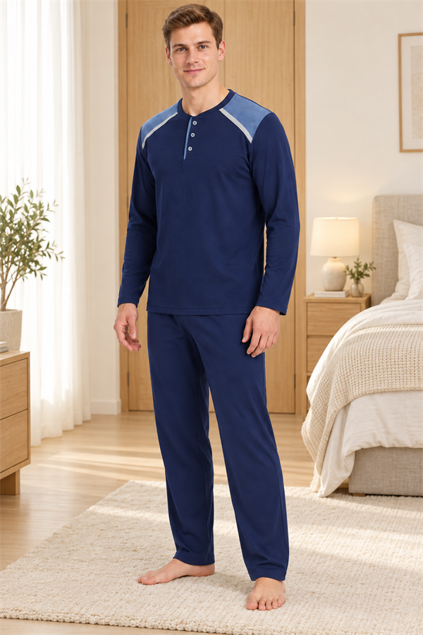 Erkek İnterlok Rahat Kalıp Ekoseli Yuvarlak Yaka Pamuk Pijama Takımı 6854