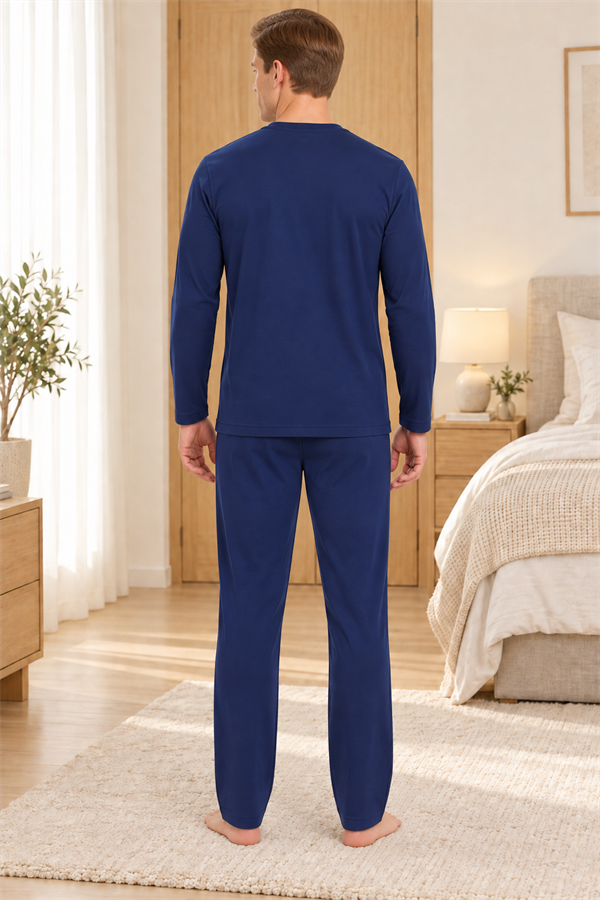 Erkek İnterlok Rahat Kalıp Ekoseli Yuvarlak Yaka Pamuk Pijama Takımı 6854