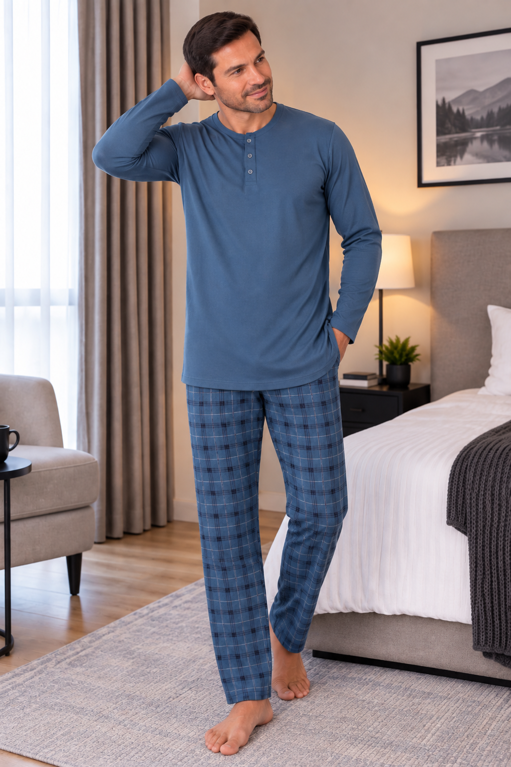 Erkek İnterlok Rahat Kalıp Ekoseli Yuvarlak Yaka Pamuk Pijama Takımı 6860