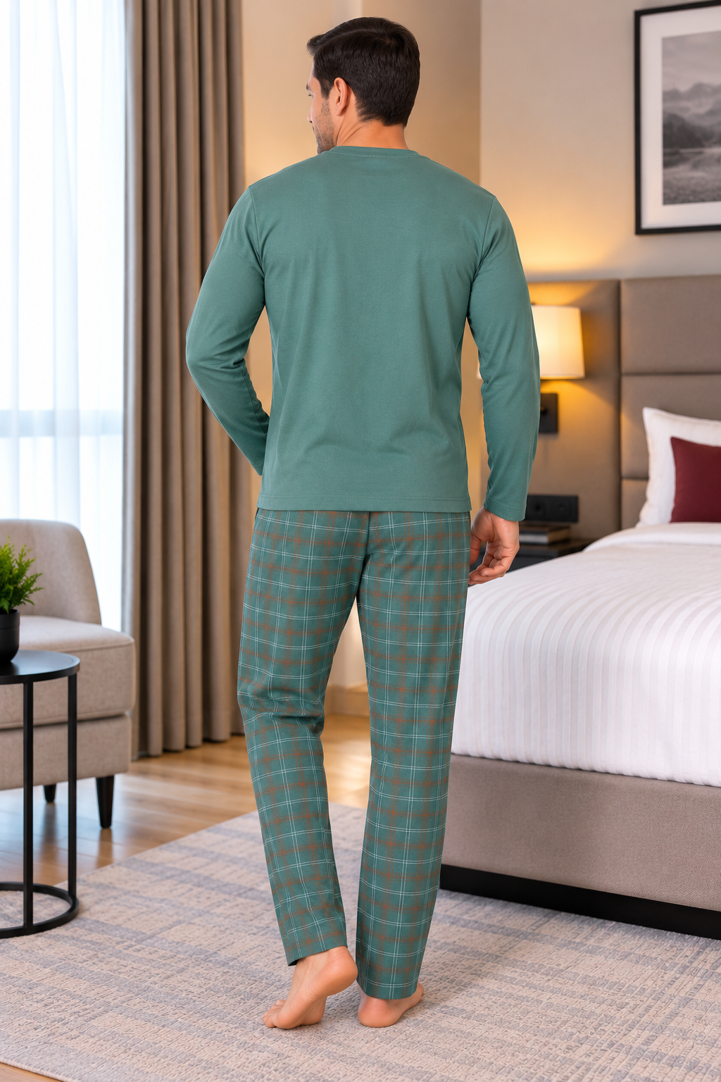 Erkek İnterlok Rahat Kalıp Ekoseli Yuvarlak Yaka Pamuk Pijama Takımı 6860
