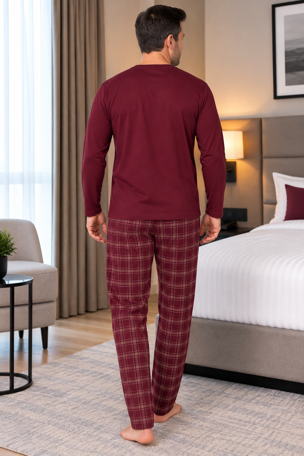 Erkek İnterlok Rahat Kalıp Ekoseli Yuvarlak Yaka Pamuk Pijama Takımı 6860