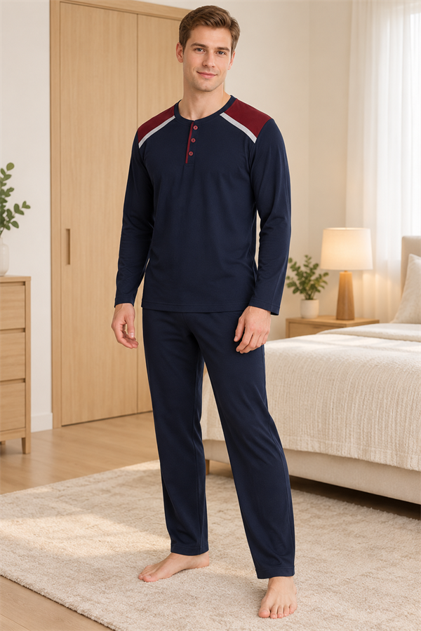Erkek İnterlok Rahat Kalıp Ekoseli Yuvarlak Yaka Pamuk Pijama Takımı 6854