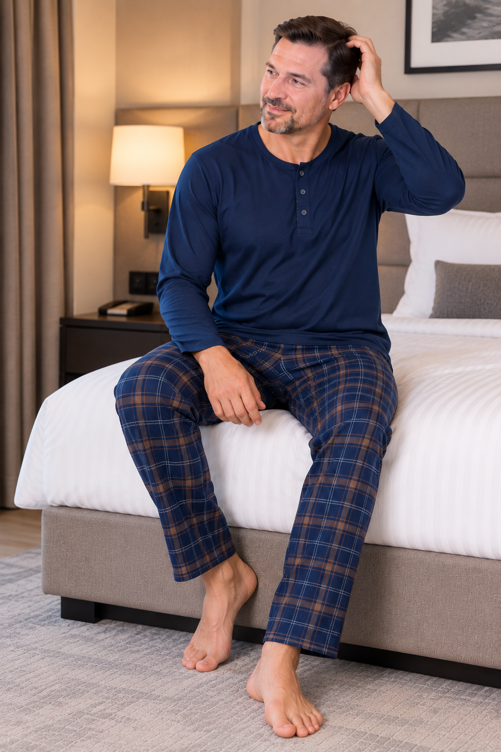 Erkek İnterlok Rahat Kalıp Ekoseli Yuvarlak Yaka Pamuk Pijama Takımı 6860