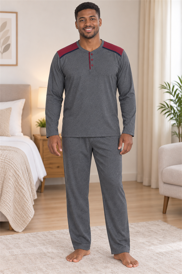Erkek İnterlok Rahat Kalıp Ekoseli Yuvarlak Yaka Pamuk Pijama Takımı 6854