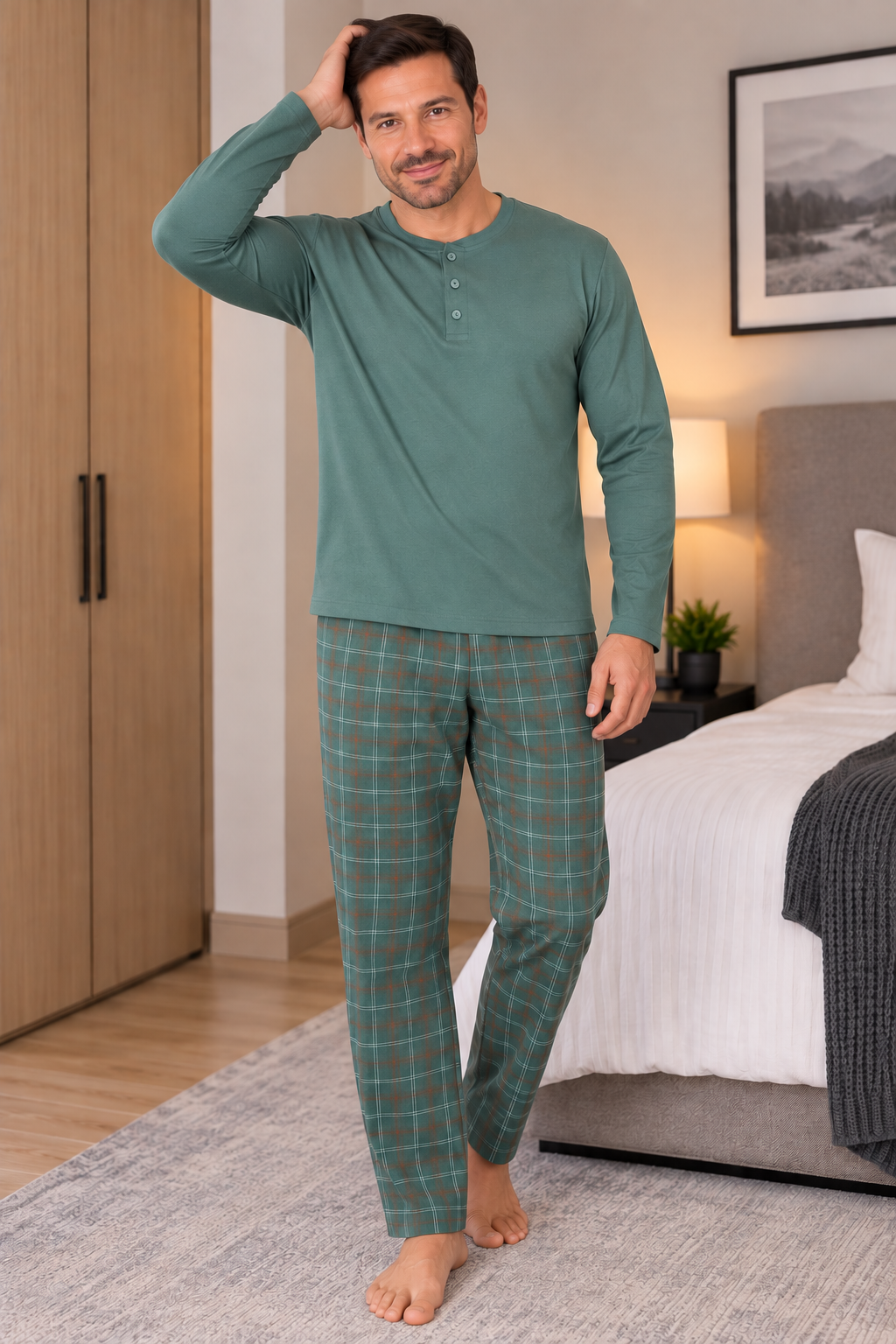 Erkek İnterlok Rahat Kalıp Ekoseli Yuvarlak Yaka Pamuk Pijama Takımı 6860