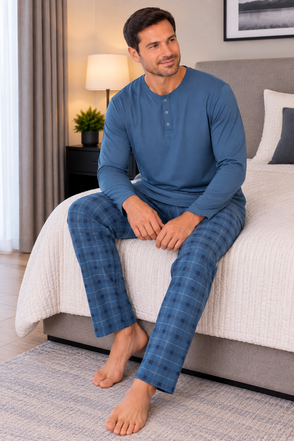 Erkek İnterlok Rahat Kalıp Ekoseli Yuvarlak Yaka Pamuk Pijama Takımı 6860
