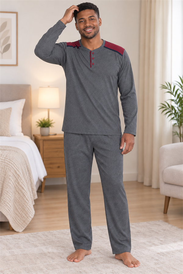 Erkek İnterlok Rahat Kalıp Ekoseli Yuvarlak Yaka Pamuk Pijama Takımı 6854