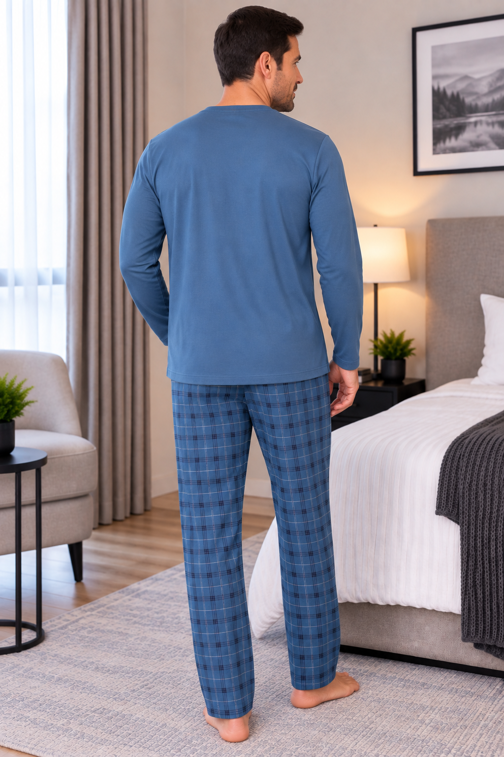 Erkek İnterlok Rahat Kalıp Ekoseli Yuvarlak Yaka Pamuk Pijama Takımı 6860