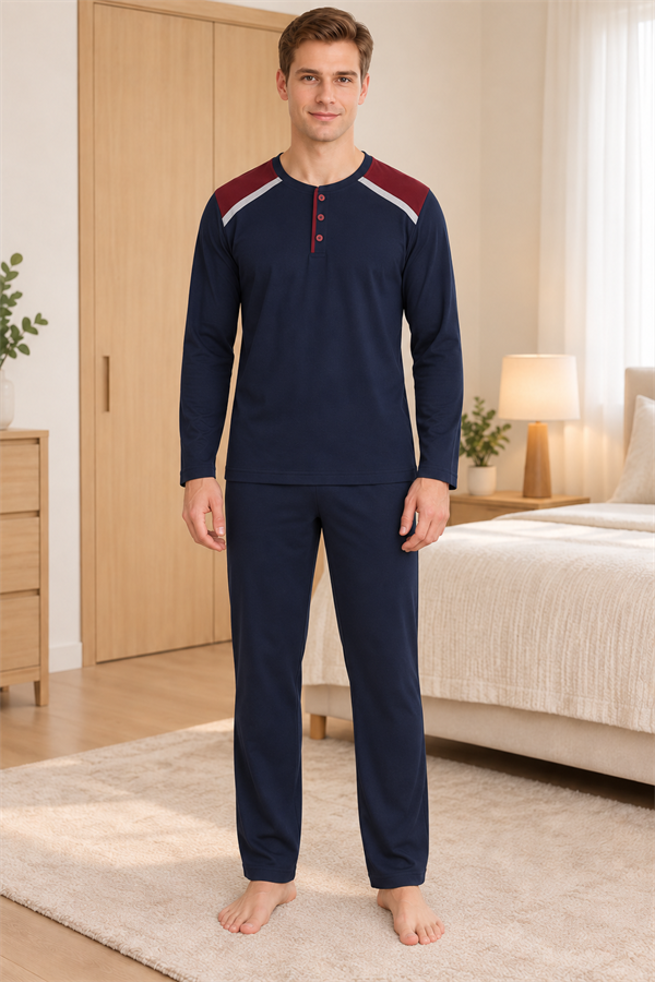 Erkek İnterlok Rahat Kalıp Ekoseli Yuvarlak Yaka Pamuk Pijama Takımı 6854
