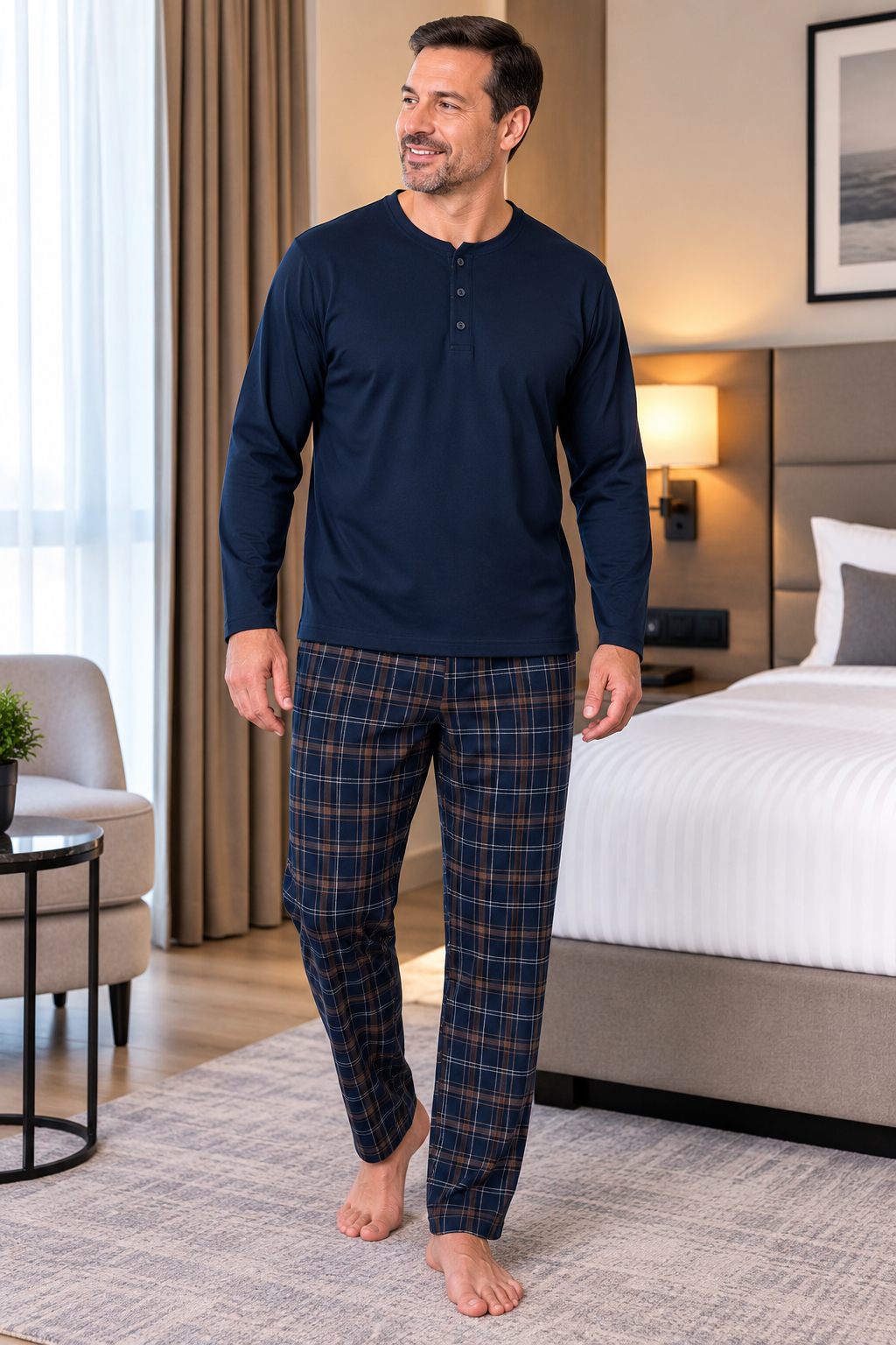 Erkek İnterlok Rahat Kalıp Ekoseli Yuvarlak Yaka Pamuk Pijama Takımı 6860