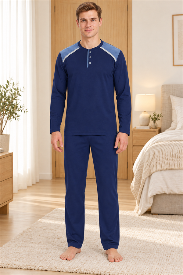 Erkek İnterlok Rahat Kalıp Ekoseli Yuvarlak Yaka Pamuk Pijama Takımı 6854