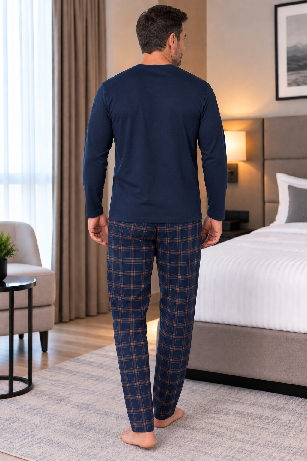 Erkek İnterlok Rahat Kalıp Ekoseli Yuvarlak Yaka Pamuk Pijama Takımı 6860