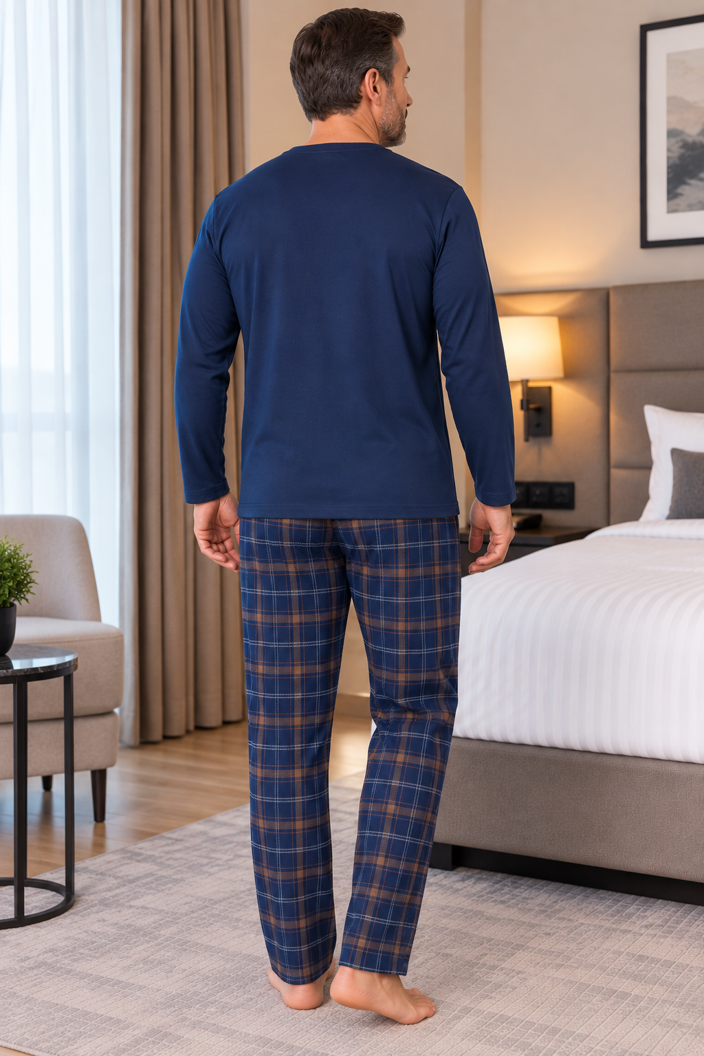 Erkek İnterlok Rahat Kalıp Ekoseli Yuvarlak Yaka Pamuk Pijama Takımı 6860
