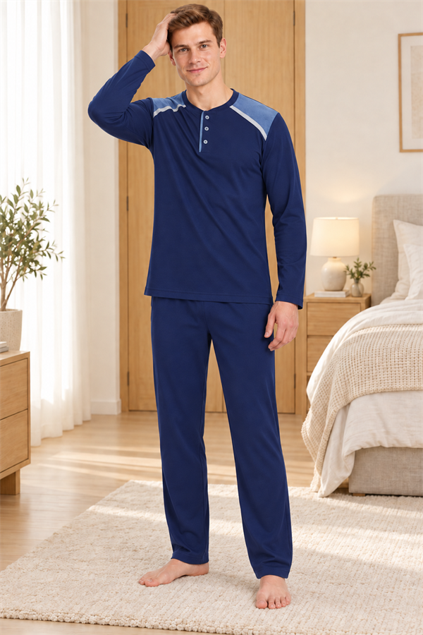 Erkek İnterlok Rahat Kalıp Ekoseli Yuvarlak Yaka Pamuk Pijama Takımı 6854