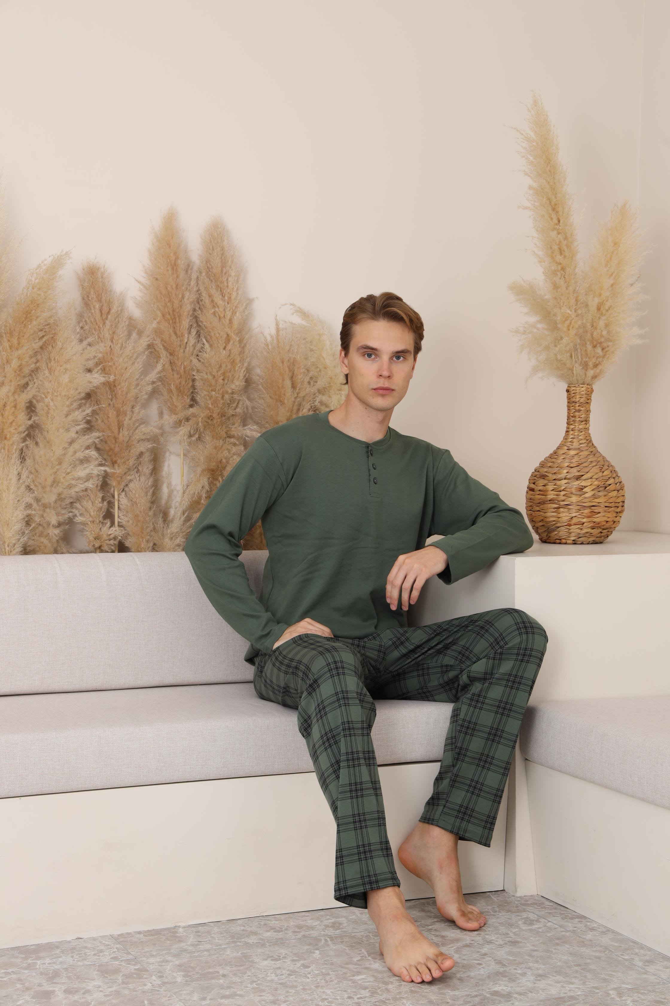 Erkek İnterlok Rahat Kalıp Sıfır Yaka Pamuk Pijama Takımı 6772