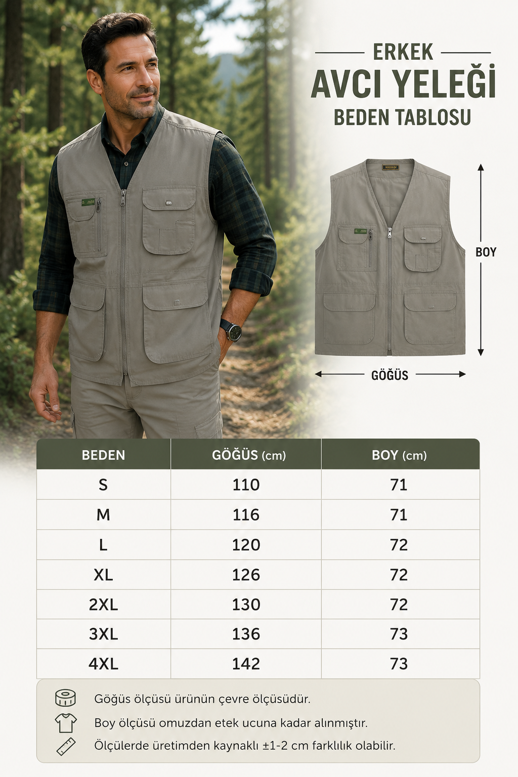 Erkek Kumaş Avcı Yeleği Çok Cepli Fermuarlı Mevsimlik Outdoor Yelek 2037