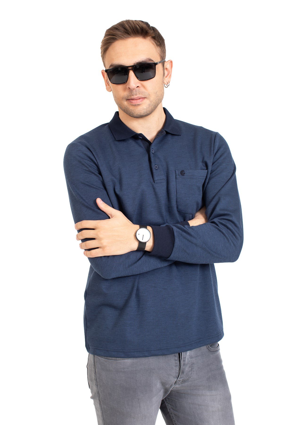 Erkek Orta Yaş ve Üzeri Polo Yaka Cepli Uzun Kollu Fitilli Mevsimlik Sweatshirt 1219-İndigo